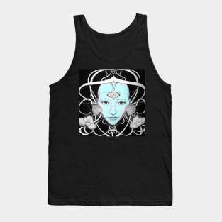 Wise cyber robot girl with blue skin entwined with mystical flowers and wires Tank Top